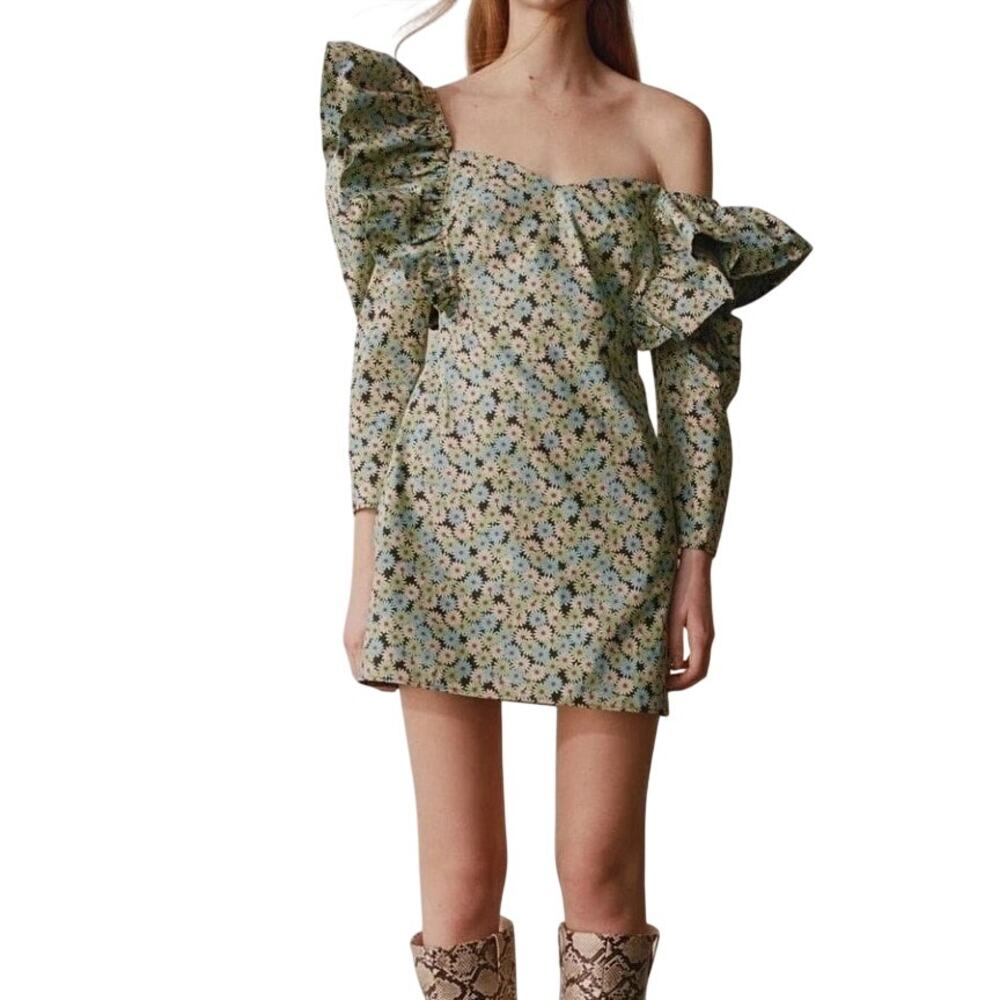 Zara Green Daisy Flower Ruffle Puff Sleeves Poplin 100% Cotton Summer Mini Dress